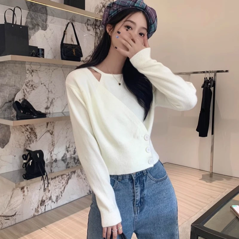 法式设计感小众露肩长袖开衫毛衣女春秋软糯韩系白色针织T恤上衣