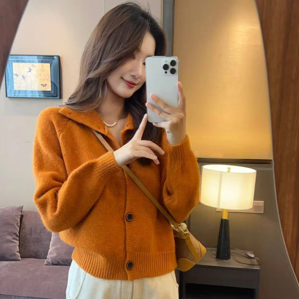 2025秋冬季新款韩系复古立领单排纽扣毛衣女款小个子短款针织开衫