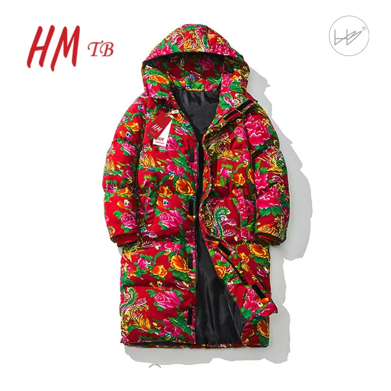 HM官方店中长款东北花棉衣冬季红色民族风保暖棉服男女款棉衣外套