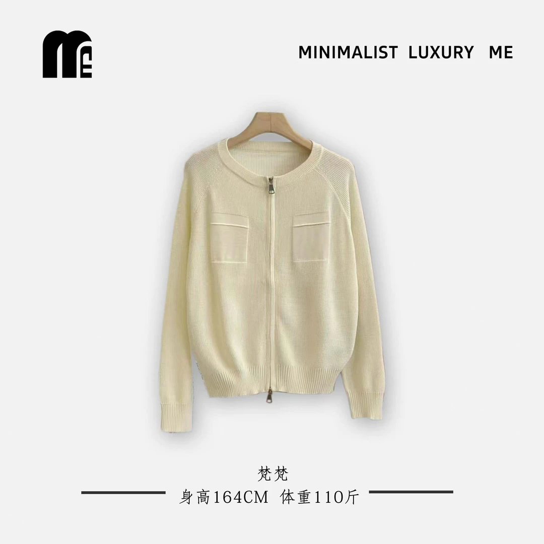 ME+春秋新款彩点绵羊毛长袖百双头拉链针织开衫