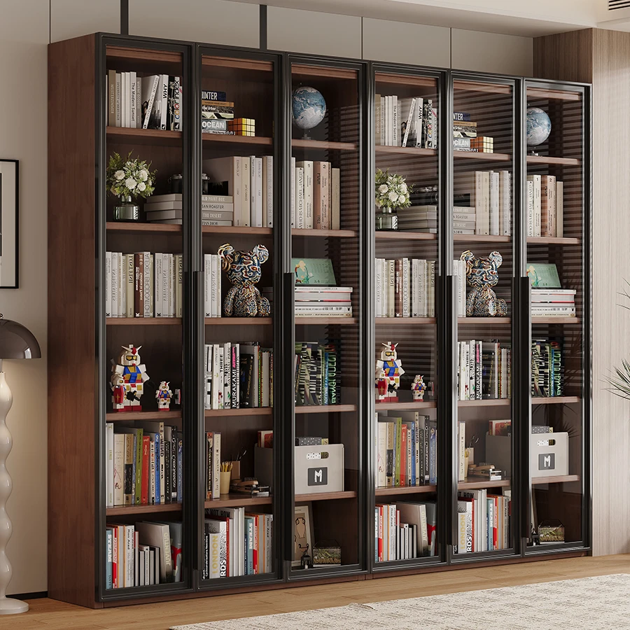 全实木家用落地展示柜书柜办公室轻奢玻璃客厅简约北欧带门书橱