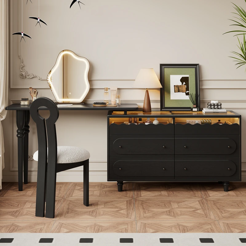 喜二家法式复古风卧室可伸缩实木梳妆台家用一体小户型黑色化妆桌