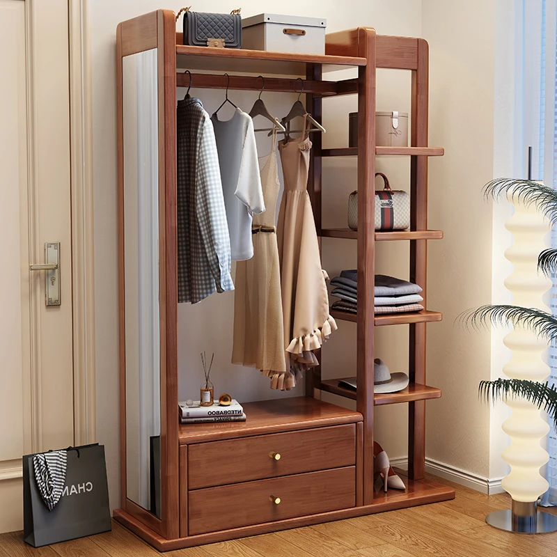 实木衣帽架落地镜一体家用客厅卧室收纳架入户玄关进门衣架