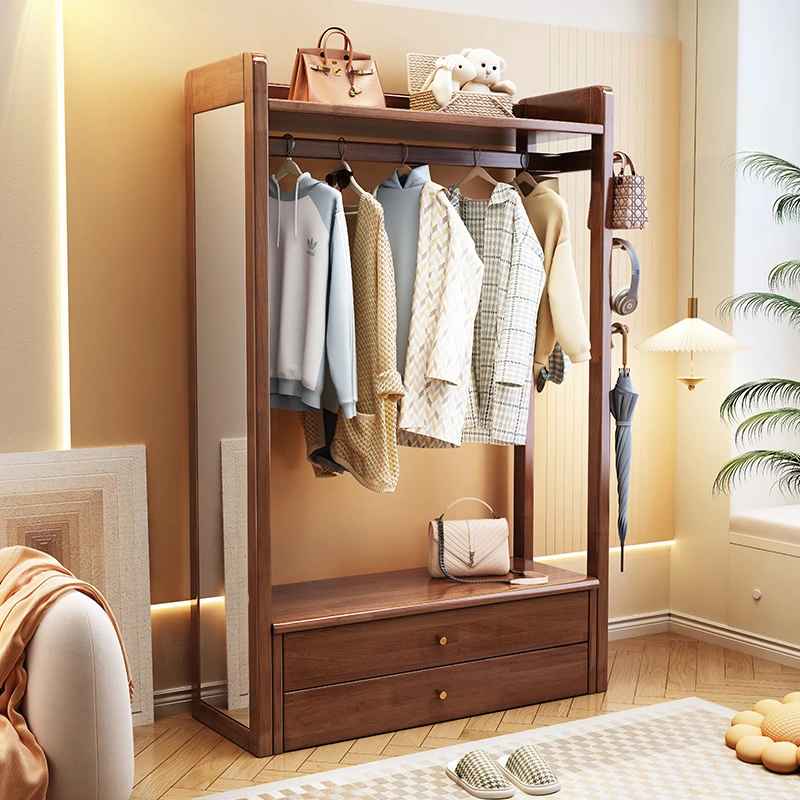 实木衣帽架落地穿衣镜小户型卧室收纳多功能储物挂衣服衣服架