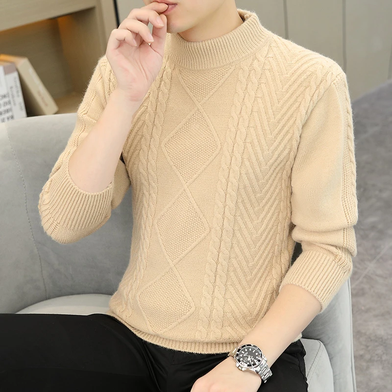 男装新款毛衣男士打底衫半高领纯色加厚保暖秋冬针织提花休闲潮流