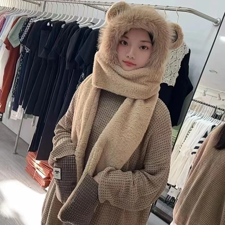 【小香风三合一】秋冬可爱小熊毛绒雷锋帽子女保暖加厚加绒护耳包头