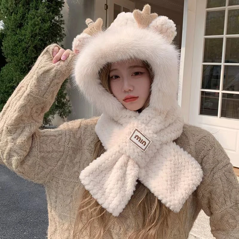 可爱龙角毛绒帽帽子女秋冬季加厚保暖围巾一体连帽围脖手套