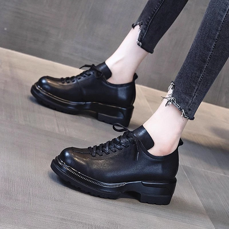 休闲鞋2025年新款春秋季真皮厚底松糕鞋百搭英伦风小皮鞋秋款单鞋