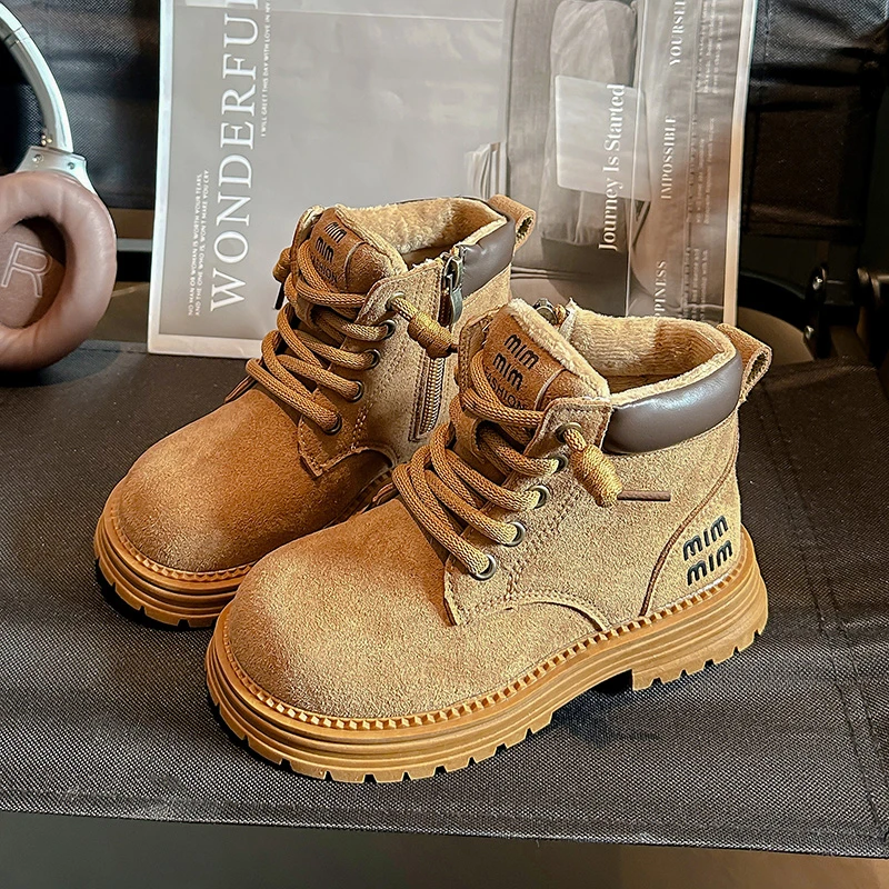 儿童马丁靴2024秋冬季新款男童加绒牛皮短靴女童英伦风二棉小黄靴
