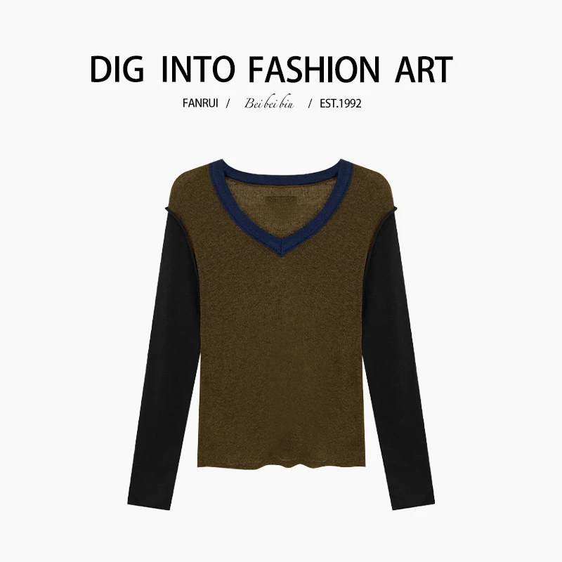 【泛芮】拼接双色洋气百搭显瘦小众设计感轻奢时尚打底上衣B11668