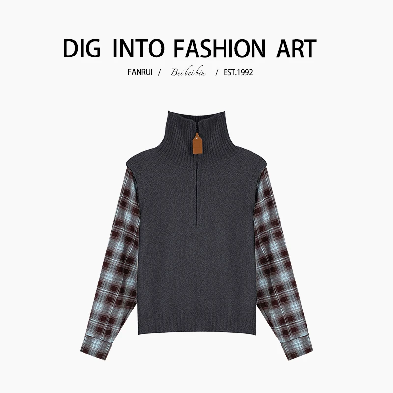 FANRUI/泛芮「灰蓝格律 」格纹假两件设计感百搭针织上衣B13327