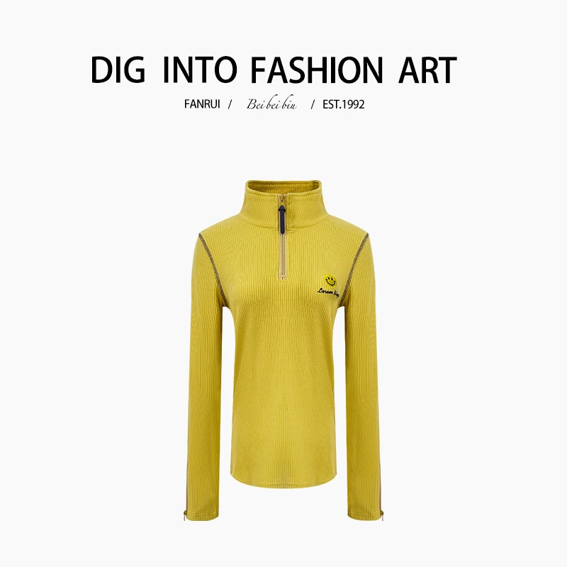 FANRUI/泛芮「微笑暖阳 」笑脸坑条纹高领设计感打底上衣B13056