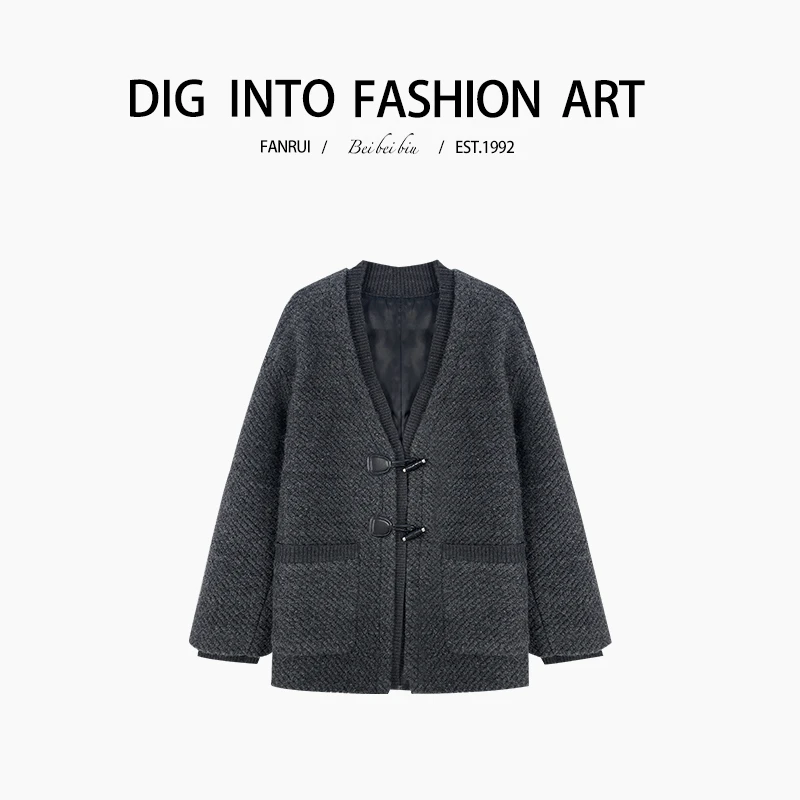 FANRUI/泛芮「淡雅气质 」雾霾灰翻领慵懒小香风短款毛衣外套B12885