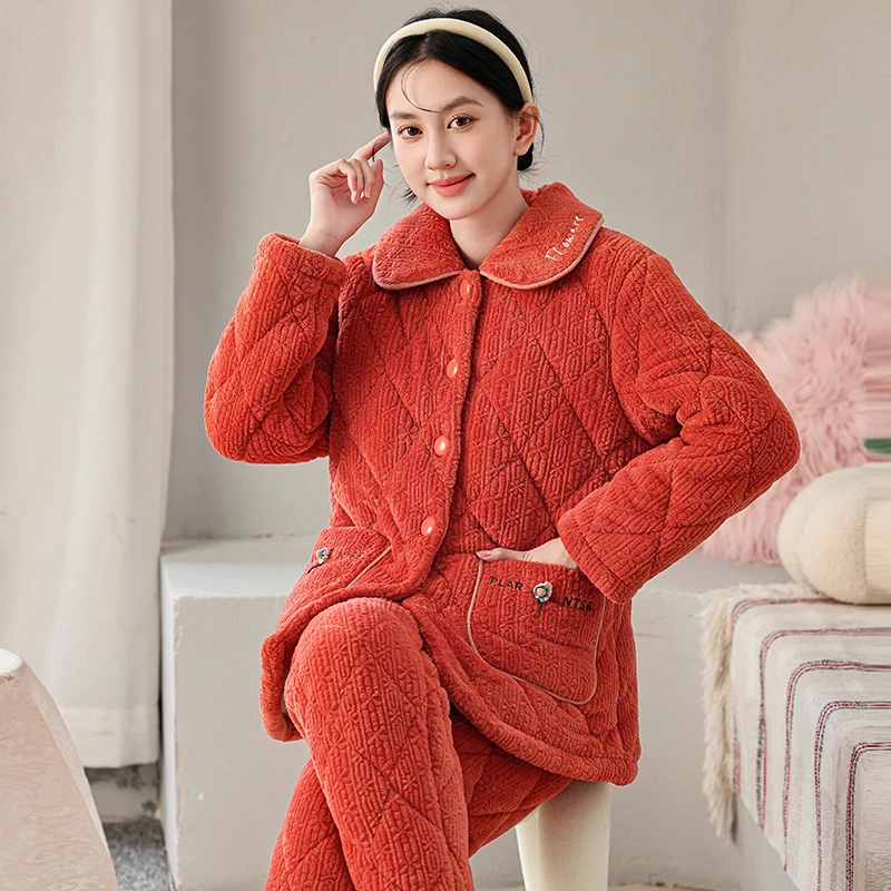 冬季三层夹棉睡衣女加绒加厚保暖翻领开衫家居服两件套装可外穿