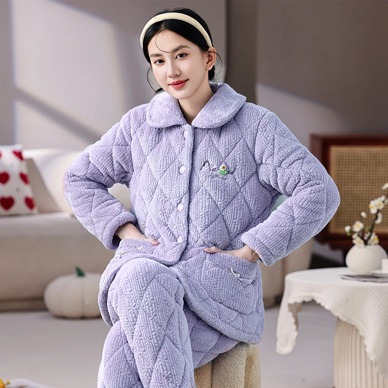 冬季三层夹棉睡衣女加绒加厚保暖翻领开衫家居服两件套装可外穿