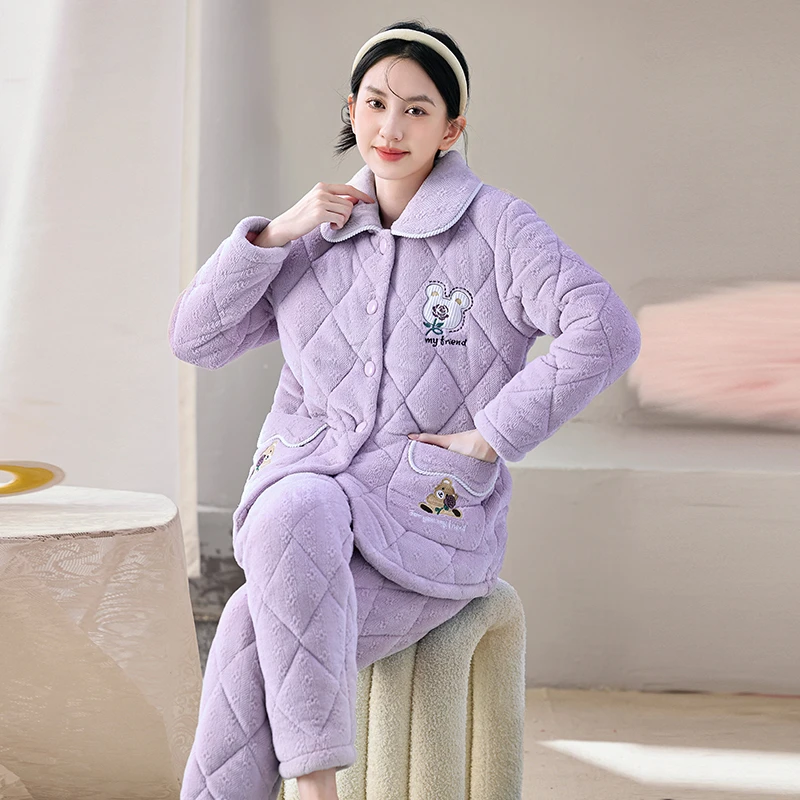 冬季三层夹棉睡衣女加绒加厚保暖翻领保暖家居服两件套装可外穿