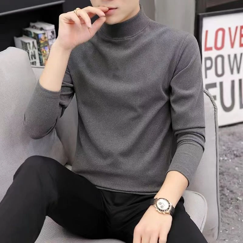 双面磨绒保暖男士打底衫修身秋冬季加绒加厚中领百搭纯色长袖T恤1