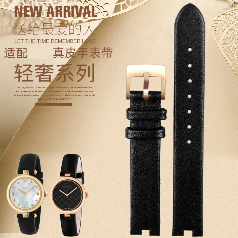 天姵真皮手表带适配YA141401 YA141505系列女凹口表带黑色12 14mm
