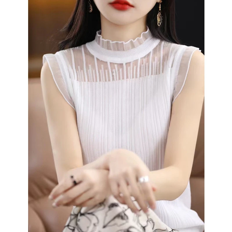 内搭木耳边半高领无袖背心夏季休闲显瘦镂空外穿打底衫