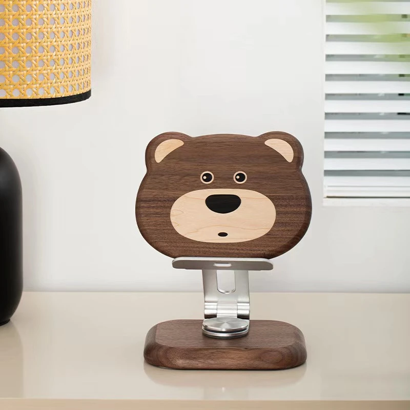 北美黑胡桃实木小熊手机平板支架桌面轻奢高端精致可旋转支架