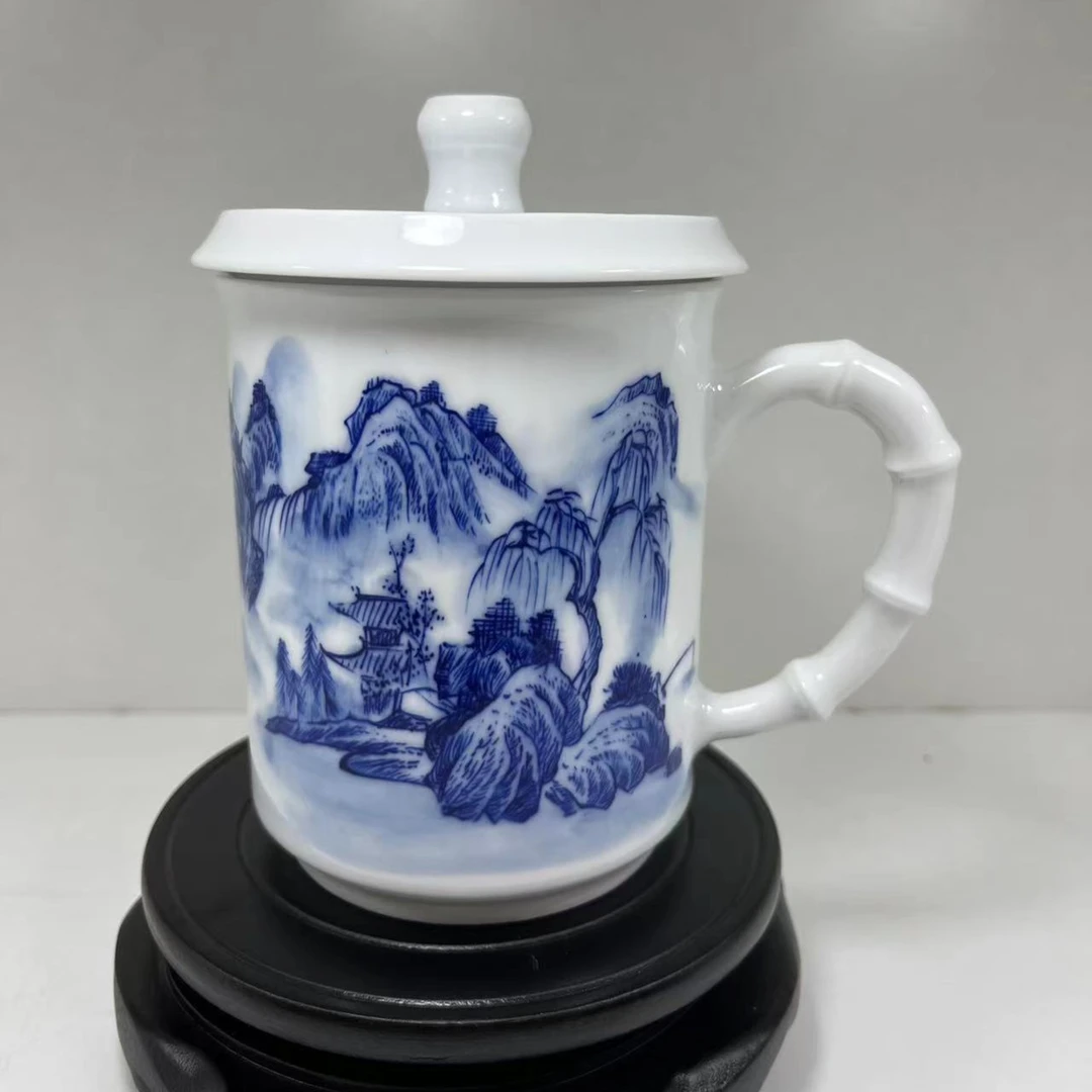 景德镇高温高白手绘工笔青花山水过滤杯