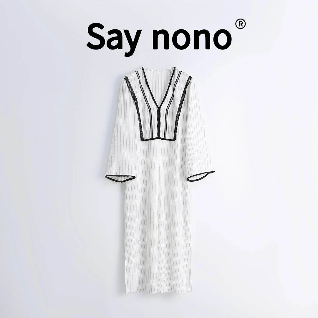 懒猫nono│Saynono V领花边装饰三开叉连衣裙 /WGD2410