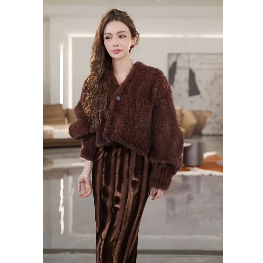 懒猫nono│Saynono 编织工艺＿进口水貂V领短款外套女 /MUL81301