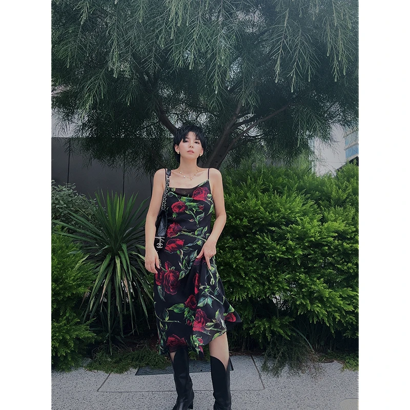 【达人专属】Daily Romance西西里风情玫瑰荡领斜裁吊带裙长裙