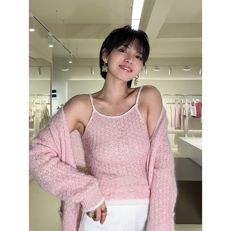 Daily Romance“粉色物语”进口马海羊驼亮片手工勾边慵懒毛衣