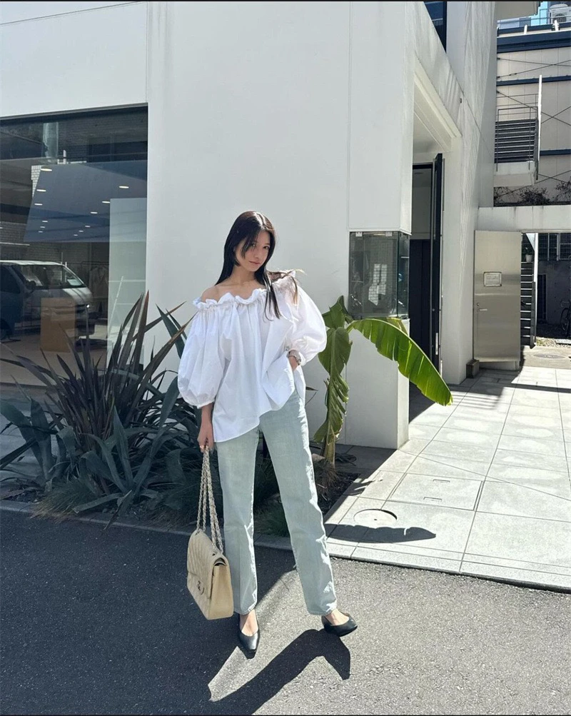 JC日韩服饰 春夏新品现货七分袖松紧花边一字肩休闲衬衫衬衣上衣