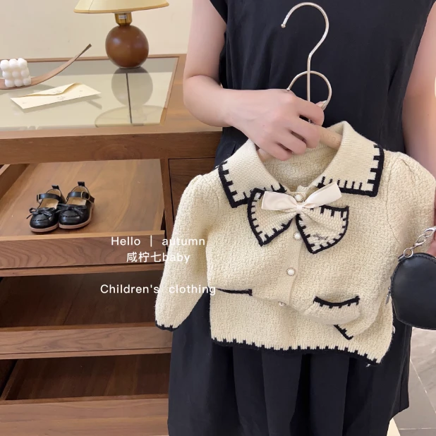 商场品质2023春秋款女童甜美蝴蝶结外套半身裙儿童小香风针织套装