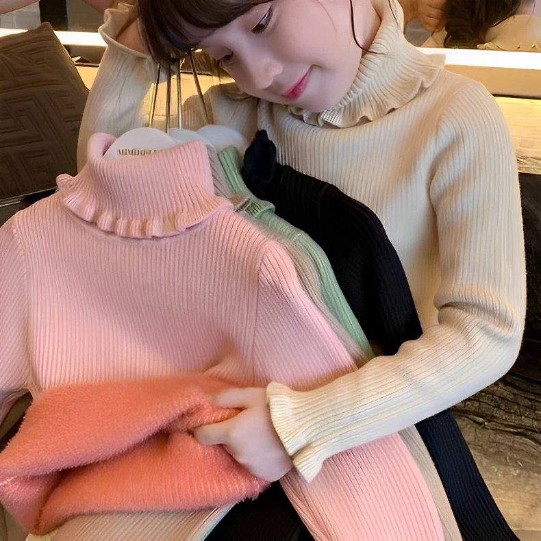 女童加绒毛衣一体绒高领打底衫冬装2023新款洋气儿童纯色针织上衣