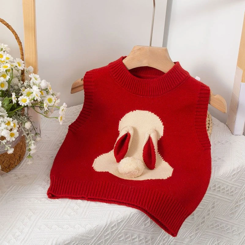 2023秋冬季新款韩版儿童毛衣可爱小兔子针织马夹坎肩女童百搭背心