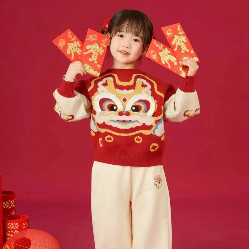 女童爆款新年毛衣套头宝宝龙年拜年2023红色秋冬男童儿童针织衫潮