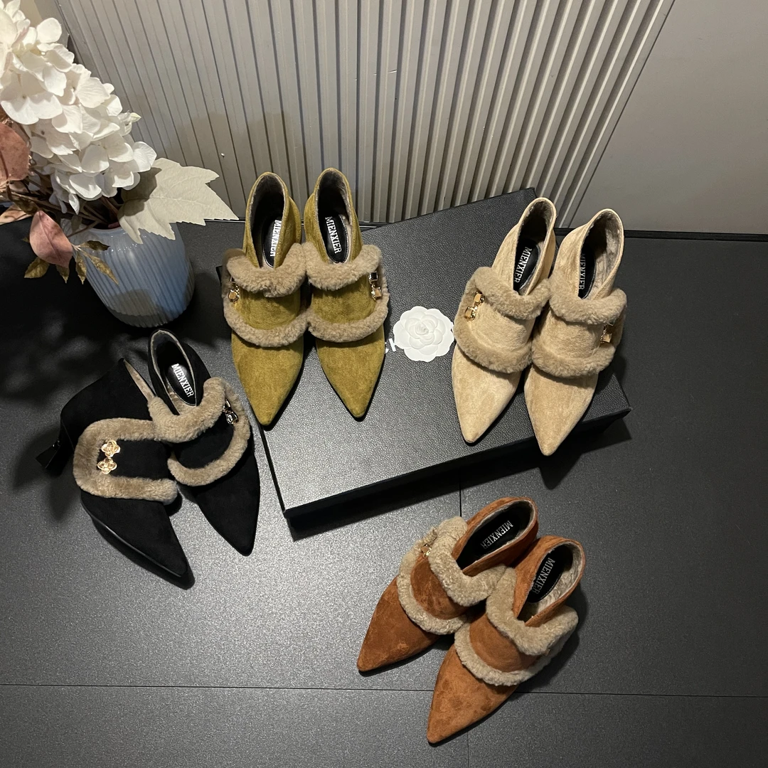 【真毛】秋冬季新款魔术贴法式绝美风羊毛高帮加绒时尚深口女高跟鞋