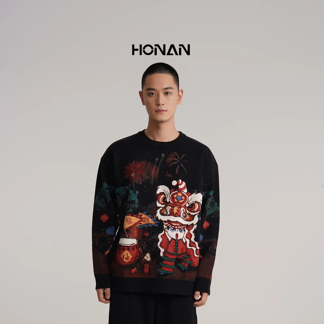 HONAN浩男男装2024冬阳光男孩系列醒狮款吉利情侣款针织衫5K12550