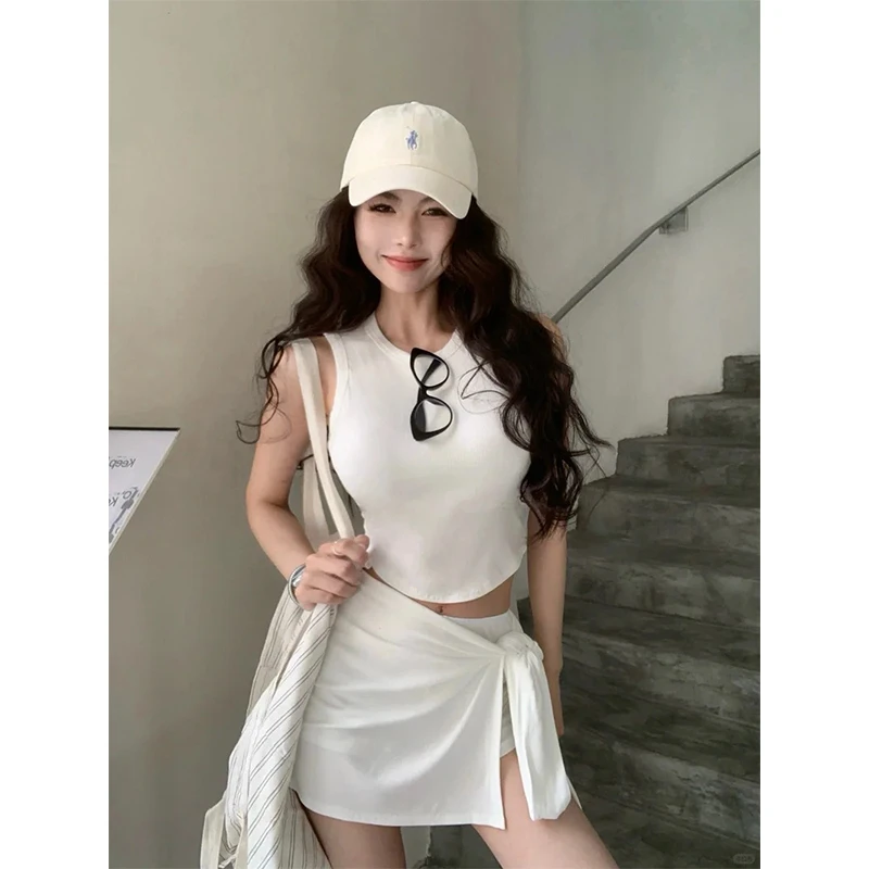 2024夏季新款美式辣妹修身显瘦无袖背心上衣性感飘带半身裙短裙女