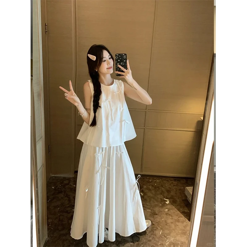 2024夏季新款法式气质显瘦蝴蝶结设计感无袖上衣女时尚高腰半身裙