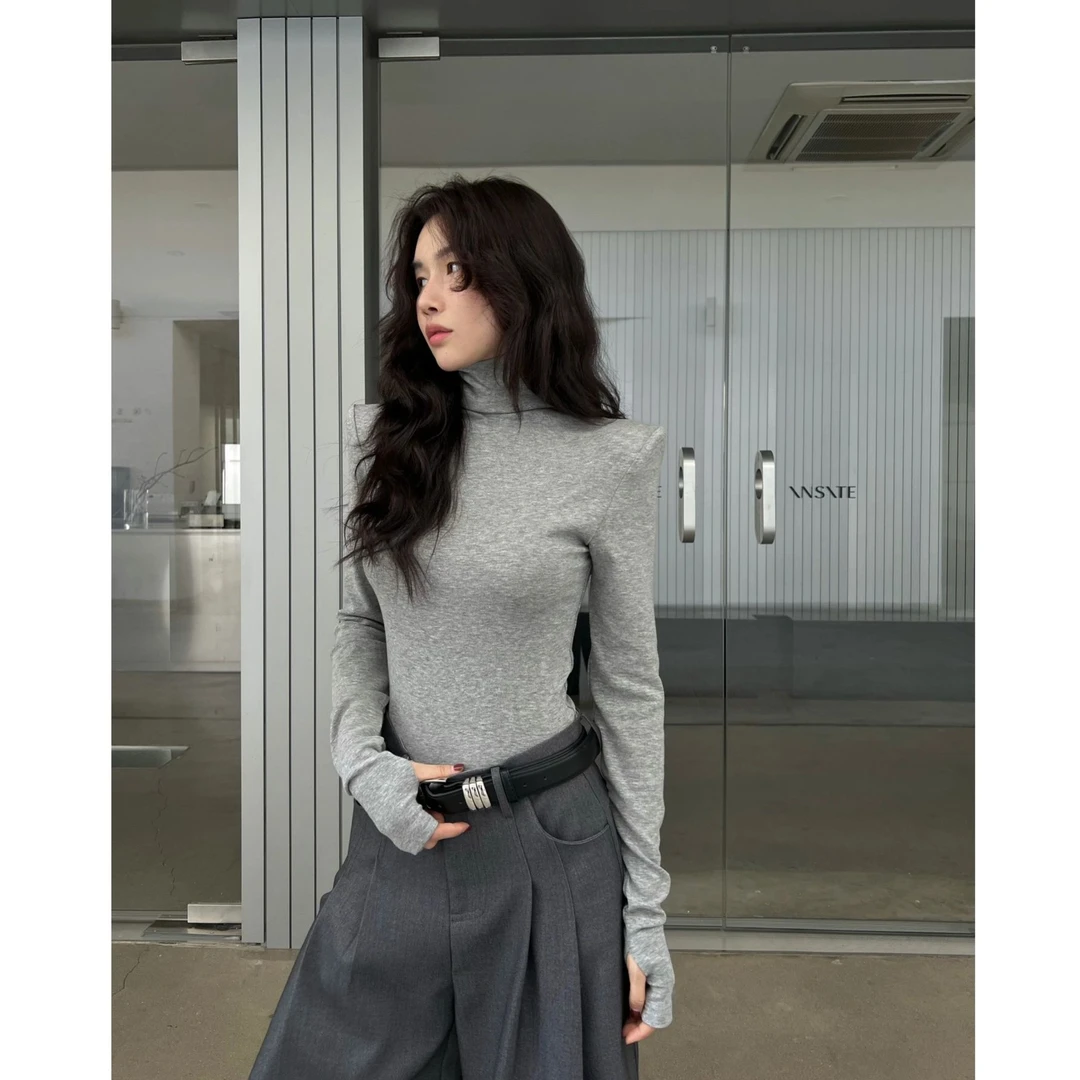 辣妹灰色高领磨毛显瘦针织衫上衣24秋季新款韩版时尚复古小众西裤