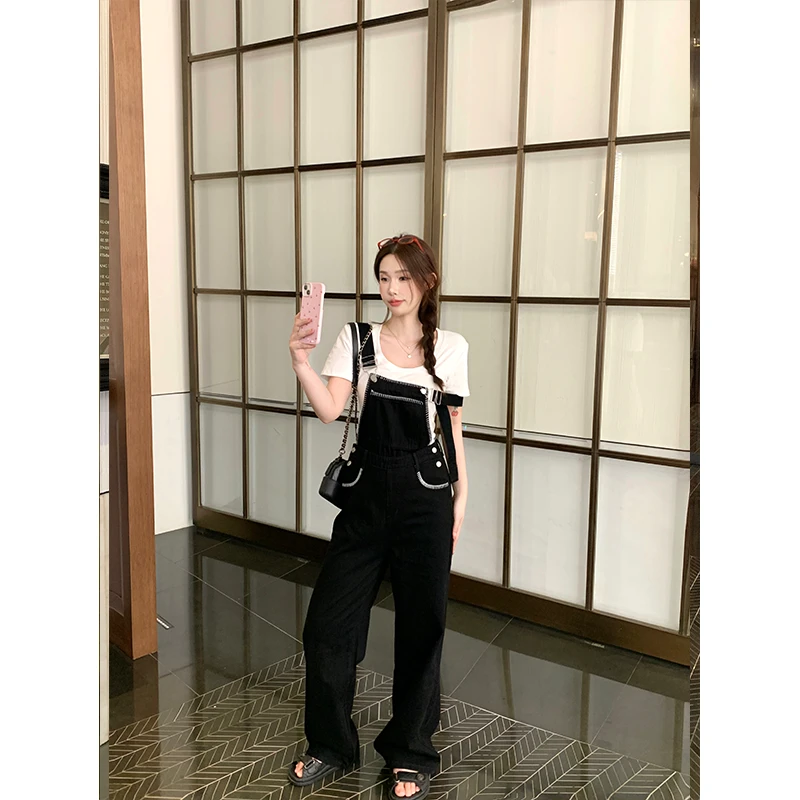 【加州休闲日】撞色贝壳绣超好看牛仔连体衣女时尚高腰直筒阔腿裤