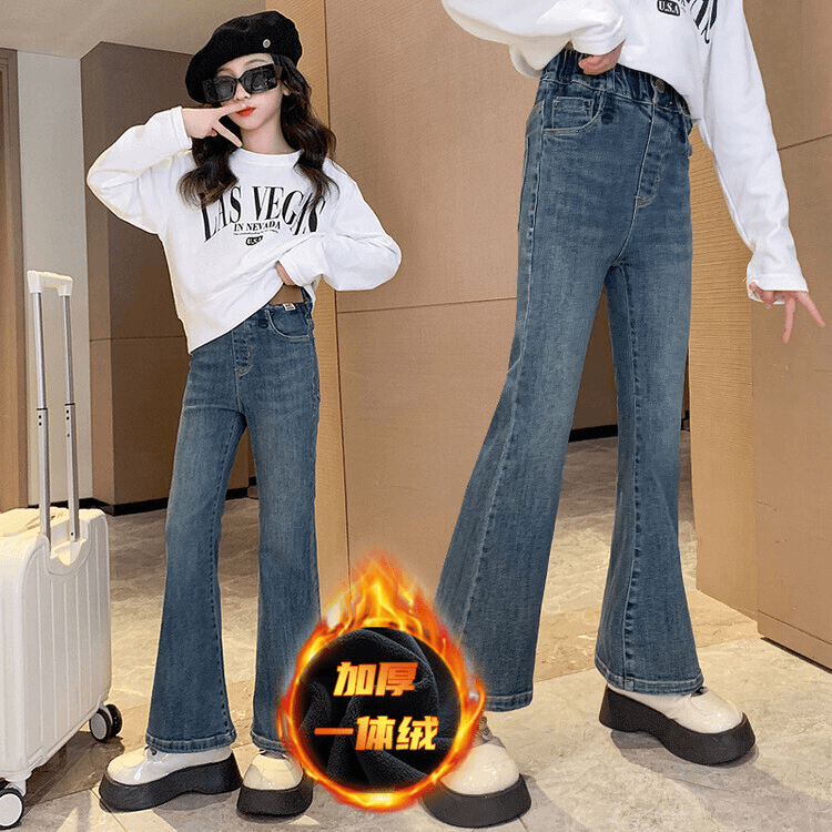 女童喇叭裤秋冬外穿女大童加绒加厚一体绒牛仔裤冬季黑色儿童裤子
