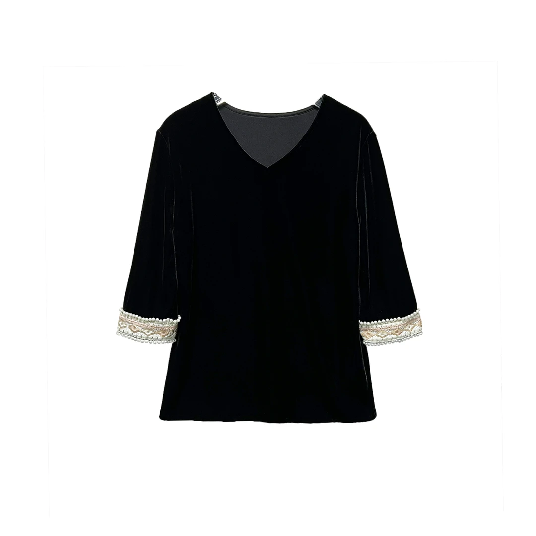 秋冬新款丝绒打底衫V领西域公主袖口钉珠衬衫时尚上衣12129