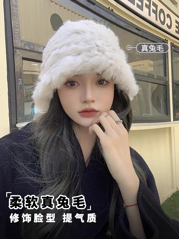 兔毛帽子女秋冬款2023新款加厚毛线帽显脸小皮草护耳毛绒渔夫帽