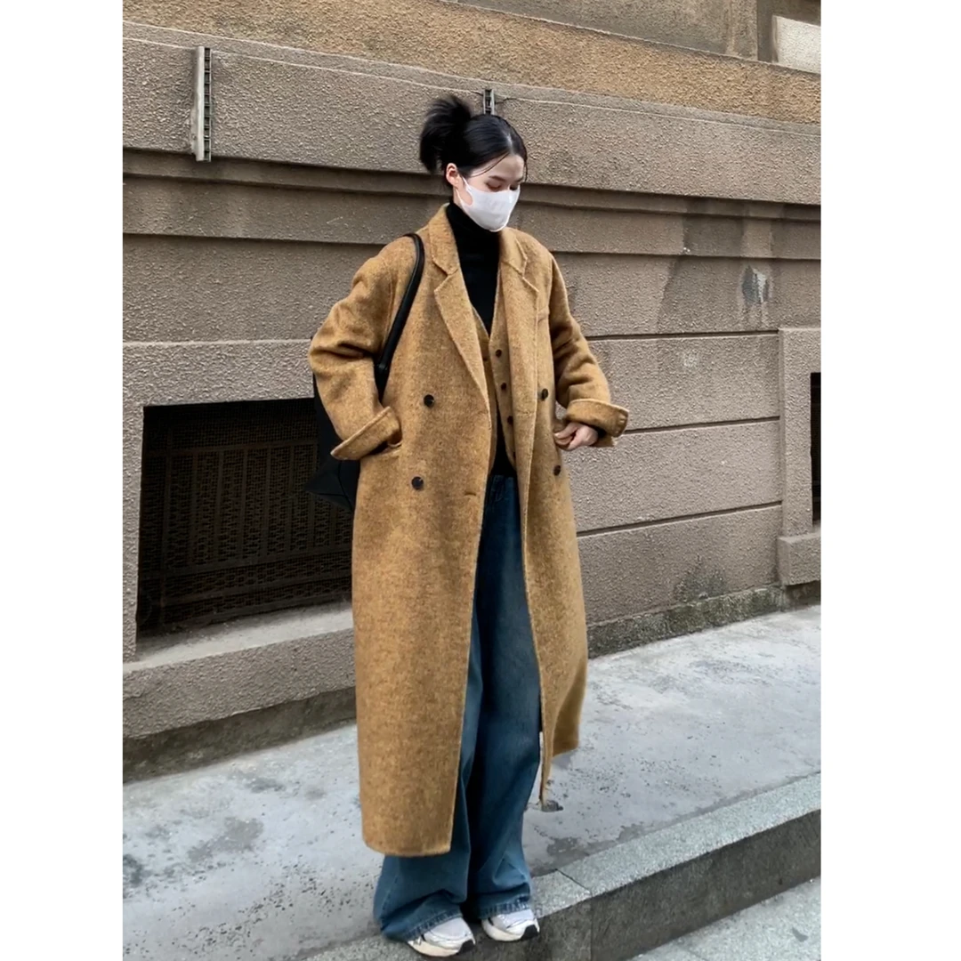 2024韩版两件套中长款双面呢大衣宽松显瘦时尚休闲外套