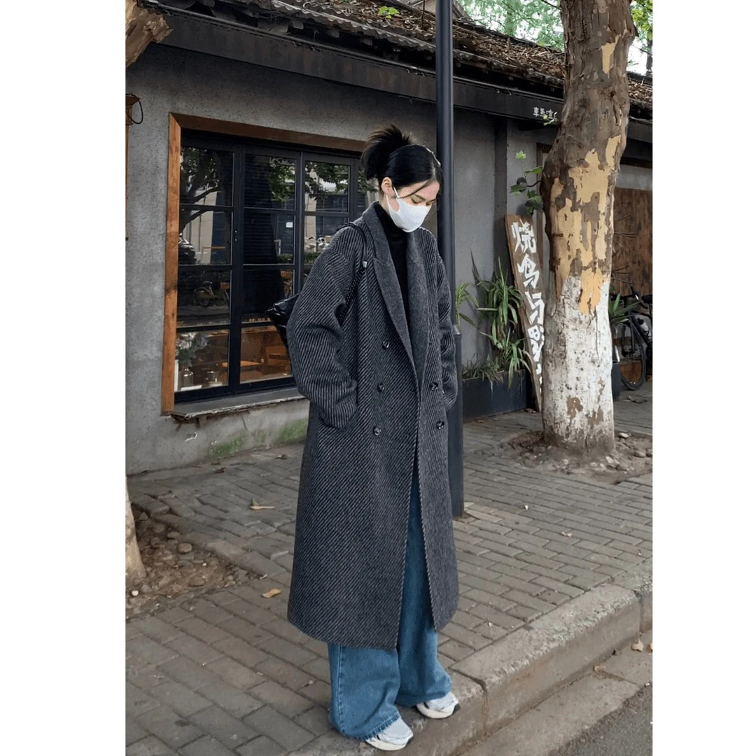 粗斜纹韩版宽松显瘦双面大衣中长款过膝外套