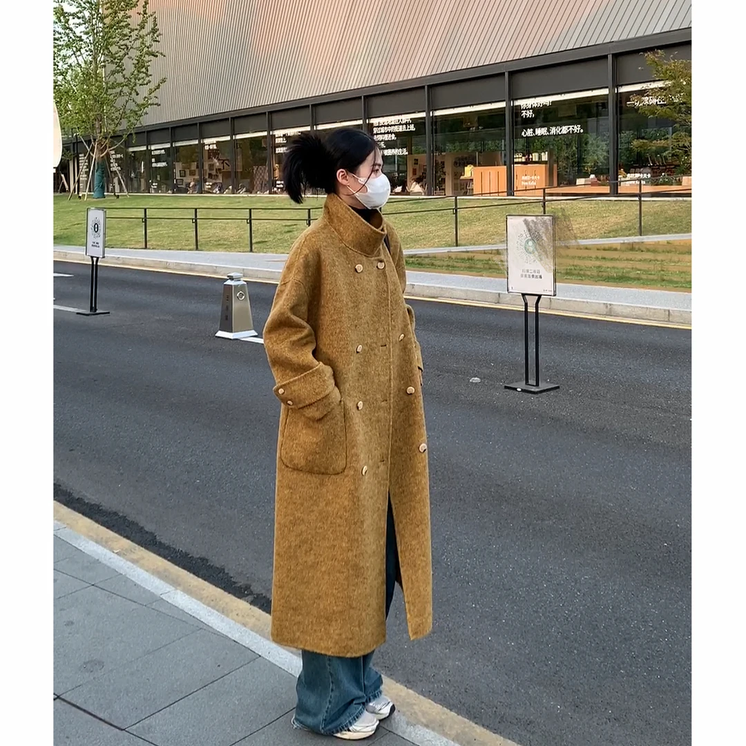 韩版宽松显瘦双面大衣中长款过膝百搭外套