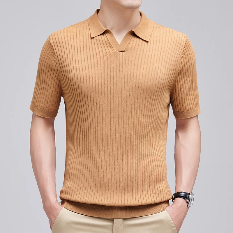 【桑蚕丝+长绒棉】针织短袖t恤男士春夏时尚条纹海鸥领polo衫半袖潮