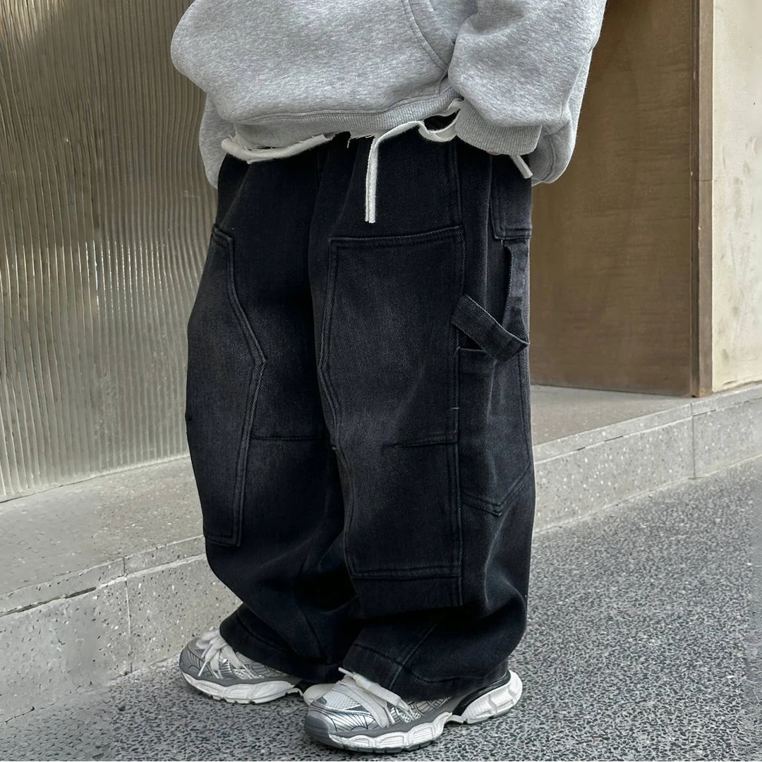 2024冬款加绒工装牛仔裤复古做旧宽松直筒一体绒男童百搭长裤