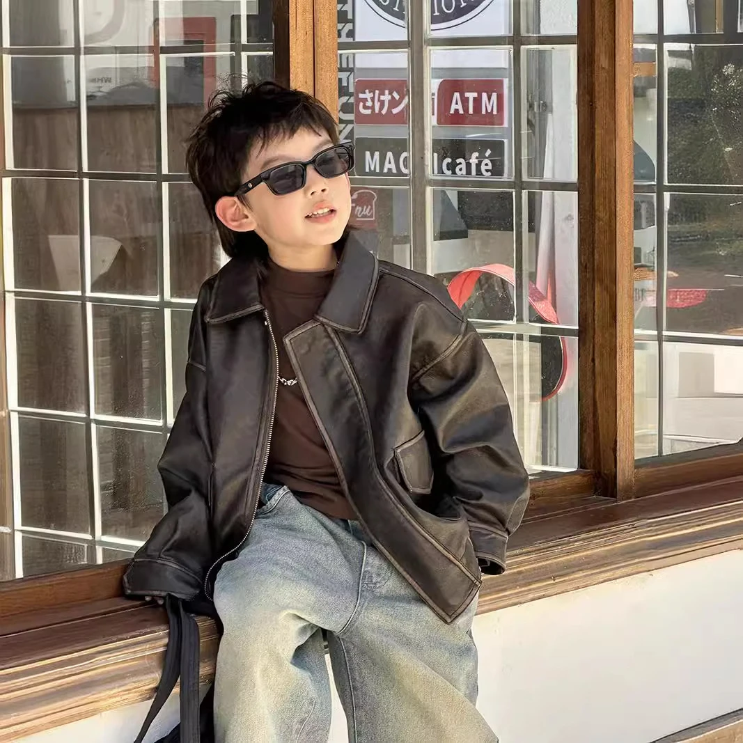 2024秋季新品儿童机车皮衣男女童擦边做旧复古皮衣韩版外套夹克潮