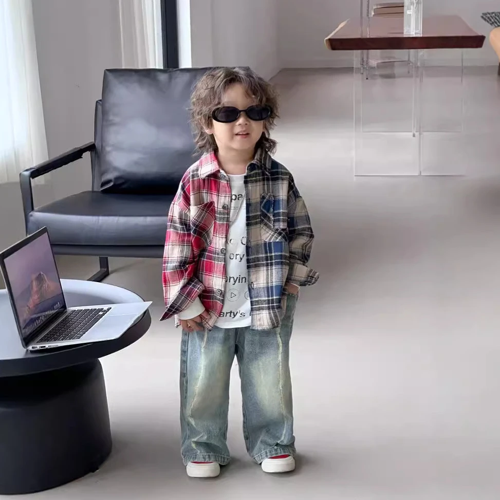 男童秋款韩版童装2024秋季新款拼色格子衬衫6505